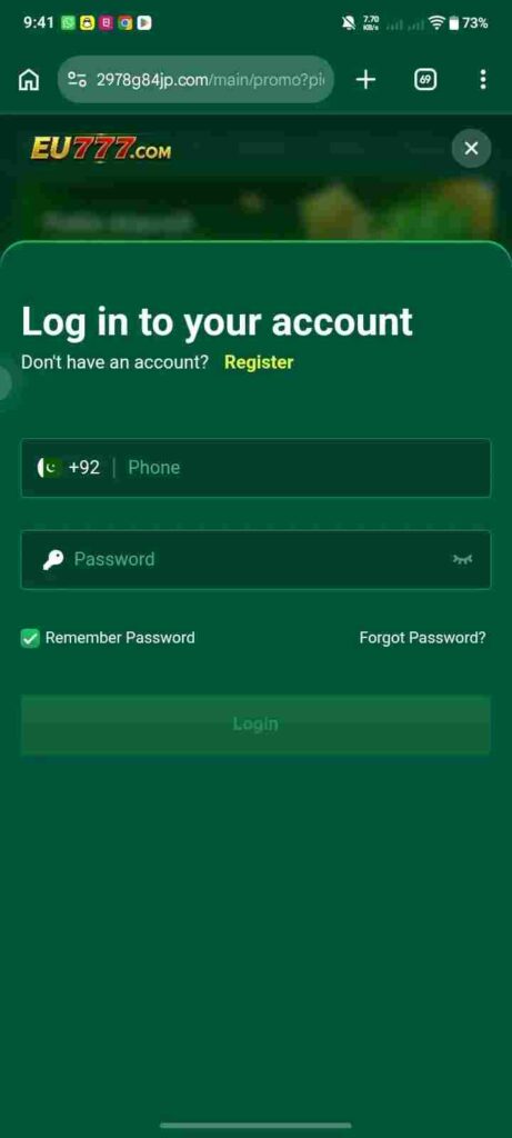 Register Account on EU777 Game